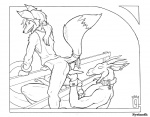 anthro anus bottomless clothed clothing dipstick_tail duo erection eyes_closed fox_tail genitals happy happy_sex interspecies male male/male markings open_mouth penis sex tail tail_markings tapering_penis syrinoth mythology canid canine dragon fox mammal mythological_creature mythological_scalie scalie monochrome