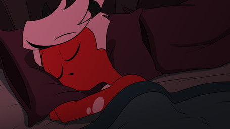 anthro bed bedding blanket furniture hair horn lying male pillow red_body simple_background sleeping solo spots white_hair prismanoodle hazbin_hotel hellaverse helluva_boss mythology terry_(prismanoodle) demon imp mythological_creature 16:9 hi_res widescreen