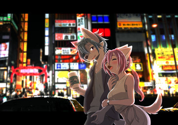 5_fingers accessory anthro arm_hug beverage big_breasts biped black_nose blue_eyebrows blue_hair blurred_background blush blush_lines bottomwear breasts brown_eyes car city city_background clock clothed clothed_anthro clothed_female clothed_male clothing container countershade_arms countershade_face countershade_fur countershade_hands countershade_torso countershading cup duo ears_back eyebrows eyes_closed female female_anthro fingers fully_clothed fully_clothed_anthro fully_clothed_female fully_clothed_male fur grey_body grey_bottomwear grey_clothing grey_fur grey_pants grey_shirt grey_topwear hair hair_accessory holding_beverage holding_container holding_cup holding_object humanoid_hands inner_ear_fluff kemono long_hair long_ponytail looking_at_viewer male male/female male_anthro monotone_body monotone_fur monotone_hair multicolored_body multicolored_fur night open_clothing open_mouth open_smile open_topwear outside pants pink_eyebrows pink_hair pivoted_ears ponytail pupils shirt short_hair slim slim_anthro slim_female slim_male smile smiling_at_viewer tail tan_clothing tan_shirt tan_tank_top tan_topwear tank_top three-quarter_view topwear tuft two_tone_body two_tone_fur undershirt vehicle walking watch white_body white_countershading white_fur white_inner_ear white_inner_ear_fluff white_sclera wristwatch itamesigohan canid canine mammal absurd_res english_description hi_res