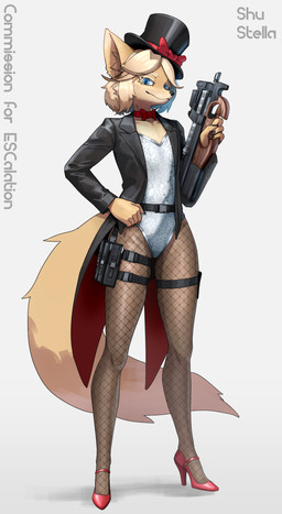 anthro blonde_hair bow_tie clothing coat crossgender female fishnet_clothing fishnet_leggings fishnet_legwear flat_chested footwear gun hair hat headgear headwear high_heels leggings legwear leotard looking_at_viewer p90 ranged_weapon shoes simple_background solo stockings submachine_gun suit_jacket tail tailcoat top_hat topwear weapon white_background shu_stella esc_the_fox canid canine fox mammal absurd_res hi_res