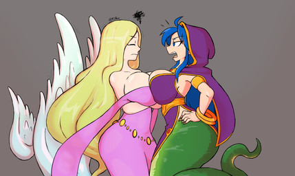 apode big_breasts blonde_hair blue_hair breasts clothing dress duo female hair hood legless serpentine split_form wings fupoo breath_of_fire capcom bleu_(breath_of_fire) angel draconcopode lamia reptile scalie snake 2021