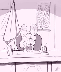 anthro beverage business_attire businesswear chair coffee container cup desk female furniture map picture_frame short shortstack size_difference smaller_female smile solo table window chalo las_lindas mayor_snow snow_puff_(chalo) lagomorph leporid mammal rabbit