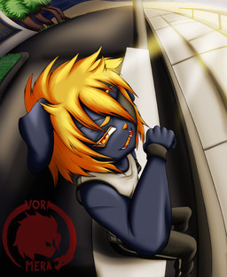 amputee anthro blonde_hair blue_body blue_fur clothed clothing disability eye_patch eyewear fur hair looking_at_viewer male smile solo sunrise yellow_eyes voramera sol_(voramera) canid mammal hi_res