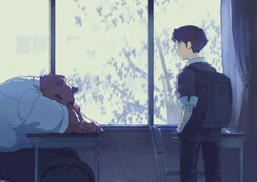 anthro backpack bottomwear brown_body brown_fur classroom clothing duo fur inside kemono male pants school shirt sitting topwear kakukaku bear human mammal 2026 absurd_res hi_res