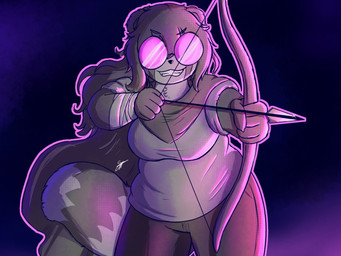anthro archer bandage bandaged_arm belly big_breasts big_tail biped bow_(weapon) breasts cloak clothing directional_arrow eyewear female fur fur_markings glasses hair long_hair markings outline overweight overweight_anthro overweight_female ranged_weapon solo standing tail weapon wearing_glasses pabord ritsuko_(pabord) bear giant_panda mammal 2026 4:3 absurd_res digital_drawing_(artwork) digital_media_(artwork) dithering hi_res signature