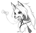 anthro blush bodily_fluids breasts cleavage clothed clothing collar ear_piercing ear_ring fangs female gag hair long_hair piercing ring_piercing saliva saliva_string sharp_teeth simple_background solo spiked_collar spikes teeth jadony helluva_boss mythology loona_(helluva_boss) canid canid_demon canine demon hellhound mammal mythological_canine mythological_creature 2021 digital_media_(artwork) greyscale monochrome