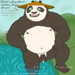 1:1 anthro ari_guardian balls bear belly black_body black_fur black_nose clothing comic dialogue dreamworks english_text flaccid foreskin fur genitals giant_panda green_eyes hard_translated hat headgear headwear hi_res humanoid_genitalia humanoid_penis kung_fu_panda li_shan_(kung_fu_panda) male mammal moobs nipples overweight overweight_male partially_retracted_foreskin penis spanish_text text translated water white_body white_fur