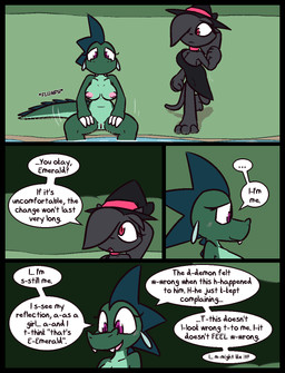 anthro barefoot big_breasts black_clothing black_dress black_hat black_headwear blush breasts choker claws cleavage clothed clothing crossgender cute_fangs dialogue dress duo ellipsis fangs feet female finger_claws fist fur gender_euphoria gender_exploration genitals grass green_body green_hair green_scales grey_body grey_fur grey_hair hair hair_over_eye hat headgear headwear jewelry motion_lines mtf_crossgender necklace nipples nude onomatopoeia open_mouth partially_submerged pink_choker pink_clothing pink_eyes pink_hat pink_headwear pink_jewelry pink_necklace pink_nipples pink_vulva plant ponytail pupils purple_eyes purple_pupils river scales sitting smile sound_effects speech_bubble teeth text vulva white_claws witch_hat ultilix european_mythology mythology emerald_(ultilix) sofia_(ultilix) domestic_cat dragon felid feline felis mammal mythological_creature mythological_scalie scalie western_dragon 2025 comic english_text hi_res