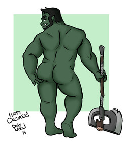 axe balls battle_axe beard black_eyes black_hair butt double_bitted_axe facial_hair fangs fantasy_weapon genitals green_body green_skin hair holding_butt looking_at_viewer looking_back male manly melee_weapon muscular muscular_humanoid muscular_male not_furry nude presenting presenting_hindquarters rear_view solo standing teeth text weapon duly_noted humanoid orc 2015 colored digital_media_(artwork) english_text full-length_portrait portrait