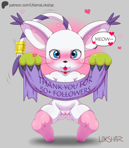 accessory anthro banner blue_eyes blush blush_lines clitoris clothing female front_view fur furgonomics genitals gloves gold_ring handwear heart_symbol jewelry legwear loli looking_at_viewer markings pink_clitoris pink_inner_ear pointy_ears prick_ears ring smile smiling_at_viewer solo speech_bubble standing stockings striped_markings striped_tail stripes tail tail_accessory tail_jewelry tail_markings tail_ring tail_tuft text thank_you tongue tongue_out tuft whiskers white_body white_fur yellow_clothing yellow_gloves yellow_handwear young young_anthro young_female ultama_lokshar bandai_namco digimon patreon digimon_(species) domestic_cat felid feline felis gatomon mammal alternate_version_at_paywall artist_name better_version_at_paywall digital_media_(artwork) english_text hi_res shaded simple_shading url