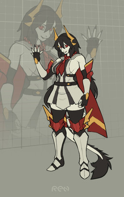 2_horns 5_fingers anthro armor armwear belt big_breasts black_armwear black_clothing breasts cape clothed clothing dress female female_anthro fingerless_gloves fingers fully_clothed fur furry_tail gloves handwear horn jewelry knee_guards legwear looking_at_viewer necklace necktie non-mammal_breasts red_cape red_clothing red_eyes red_necktie shin_guards simple_background solo standing tail thick_thighs thigh_highs three-quarter_view topwear white_armor white_body white_clothing white_dress wide_hips ruttinren mythology dragon mythological_creature mythological_scalie scalie 2025 colored digital_drawing_(artwork) digital_media_(artwork) full-length_portrait hi_res portrait