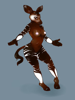 anthro breasts female hooves horn nipples nude ossicone simple_background solo stripes jellyfishjulep giraffid mammal okapi 3:4 absurd_res hi_res