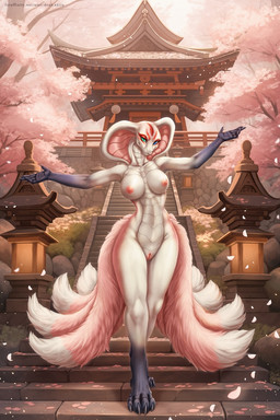 8_tails anthro big_breasts breasts cherry_blossom cherry_blossom_tree cherry_tree female flower fluffy fruit_tree genitals lamp lantern markings multi_tail navel nipples non-mammal_breasts non-mammal_navel non-mammal_nipples nude petals pink_body plant pose prunus_(flower) raised_hands red_markings scales snake_hood stairs tail temple thick_thighs tree ventral_scales vulva walking white_body wide_hips dead.akira deity reptile scalie snake 2:3