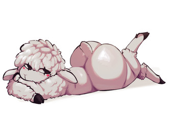 ambiguous_gender anthro big_butt butt crossed_arms floppy_ears fur hoof_hands hooves huge_butt looking_aside lying nude on_front one_leg_up raised_leg shaved sheared simple_background solo tail white_background white_body white_fur white_wool wool_(fur) wool_hair astonarts nil_(astonarts) bovid caprine mammal sheep 2026 hi_res male_(lore)