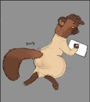 ambiguous_gender anthro brown_body brown_fur brown_pawpads claws clothed clothing drawing drawing_tablet fangs fluffy fluffy_tail fur grey_background hair high-angle_view inner_ear_fluff lying on_front onesie pawpads paws pink_nose pupils rear_view simple_background small_pupils solo stylus tail tan_onesie teeth text tuft yellow_eyes truemew bingo_(truemew) gulonine mammal marten mustelid musteline sable_(marten) 2025 digital_media_(artwork) hi_res