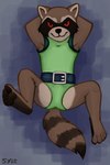 anthro bulge clothed clothing countershade_feet countershading feet fur hindpaw leotard looking_at_viewer male paws red_eyes simple_background smile solo tail sylo guardians_of_the_galaxy marvel rocket_raccoon mammal procyonid raccoon 2023 2:3 absurd_res digital_media_(artwork) hi_res