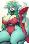 absurd_res alcohol anthro asian_clothing beverage big_breasts breasts cleavage clothed clothing dragon east_asian_clothing female female_anthro fur furred_dragon furred_scalie green_body green_fur green_scales hair hi_res horn japanese_clothing kemono multicolored_body multicolored_fur mythological_creature mythological_scalie mythology open_mouth purple_eyes sake sake_bottle sake_dish scales scalie simple_background solo suurin_2 tail thick_thighs two_tone_body two_tone_fur