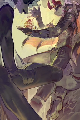 anthro armwear black_body bottomwear cake clothing dessert duo fangs food holding_food holding_object horn loincloth male male_anthro mouth_closed navel open_mouth red_horn slim_anthro slim_male sparkler teeth white_body carbonizedaki mythology dragon mythological_creature mythological_scalie scalie hi_res