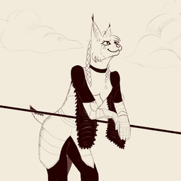 anthro armor clothed clothing cloud fur hair inner_ear_fluff leaning leaning_forward looking_forward male medieval medieval_armor mouth_closed pupils simple_background sky slit_pupils solo standing tail tuft leprzil pan_(leprzil) felid feline lynx mammal 1:1 2022 digital_media_(artwork)