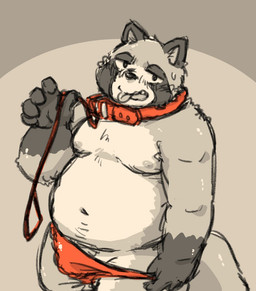 5_fingers anthro belly biped blush bodily_fluids clothing collar duo fingers humanoid_hands kemono leash male moobs navel nipples overweight overweight_male red_clothing red_underwear simple_background solo sweat tongue tongue_out underwear kotadash ailurid canid canine mammal raccoon_dog red_panda tanuki 2026