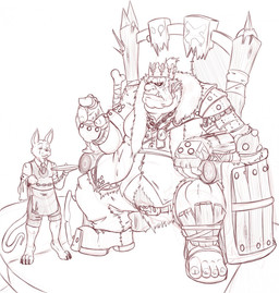 chair clothed clothing crown duo furniture headgear male overweight sitting smile standing throne waiter dannyg canid canine humanoid mammal orc greyscale hi_res monochrome