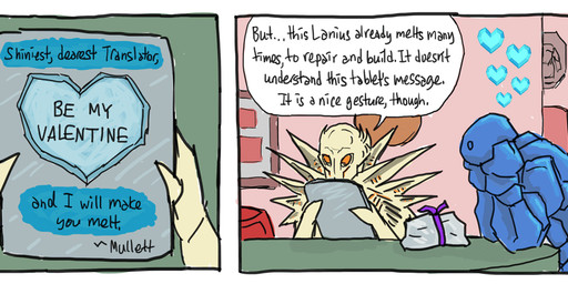 ambiguous_gender anthro dialogue duo gift heart_symbol holidays inside love misunderstanding orange_eyes purple_bow spikes text valentine's_day_card dirtytabs ftl:_faster_than_light valentine's_day alien crystal_(ftl) lanius english_text