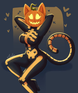 abstract_background anthro big_breasts black_bodysuit black_clothing black_skinsuit bodysuit breasts clothing curvy_figure female for_a_head hands_behind_head long_tail pumpkin_head sitting skinsuit solo tail text thick_thighs tight_clothing voluptuous voluptuous_anthro voluptuous_female wide_hipped_anthro wide_hipped_female wide_hips mandyfoxy epic_games fortnite spice_(fortnite) domestic_cat felid feline felis mammal object_head 2025 absurd_res artist_name digital_drawing_(artwork) digital_media_(artwork) hi_res signature