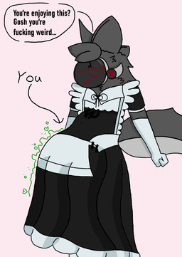 anthro blush clothing digestion_noises duo embarrassed femboy femboy_pred machine maid_uniform male male/male profanity shark_tail text uniform vore willing_pred willing_prey eviltoaster05 eviltoaster protogen unknown_species english_text hi_res
