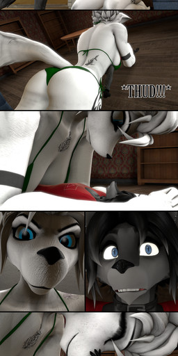 anthro breasts butt cleavage clothed clothing crush duo female macro male male/female partially_clothed petting pinning_down playful text mrfreeman98 warfaremachine_(modeler) kole_(domi3d) maxine_(domibun) canid canine canis mammal wolf 3d_(artwork) absurd_res comic digital_media_(artwork) english_text hi_res