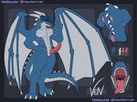 anthro blue_body genitals grin horn male membrane_(anatomy) open_mouth orange_eyes penis smile solo tail teeth text wings kentott0 mythology vendragon dragon humanoid mythological_creature mythological_scalie scalie model_sheet url