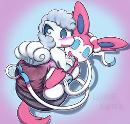 4_tails ambiguous_gender arms_tied big_diaper blue_inner_ear blue_sclera blush blush_lines bodily_fluids bound bow_(anatomy) clothed clothing diaper diaper_only drooling duo excited fangs feces feral fur gloves_(marking) gradient_background gradient_fur grey_body grey_fur grey_tail leg_markings legs_tied looking_back lying markings multi_tail multicolored_body multicolored_fur on_another on_back on_front open_mouth open_smile pink_body pink_diaper pink_fur pink_tail ribbons_(anatomy) saliva simple_background smile snaggle_tooth socks_(marking) soiled_diaper soiling tail teeth text topless unclean_diaper used_diaper wearing_diaper white_body white_fur ludis-luteo nintendo pokemon alolan_form alolan_vulpix eeveelution generation_6_pokemon generation_7_pokemon pokemon_(species) regional_form_(pokemon) sylveon 2017 artist_name hi_res