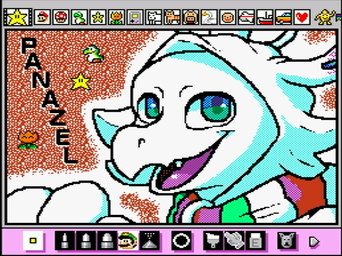 anthro clothing fangs flower fur green_eyes hoodie male open_mouth plant scarf solo star teeth topwear white_body white_fur rodricoro mario_bros mario_paint nintendo panazel_maria green_yoshi yoshi digital_media_(artwork) dithering headshot_portrait mario_paint_(artwork) portrait