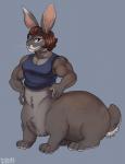 bottomless clothed clothing female fur hair looking_at_viewer muscular muscular_female muscular_taur smile solo whiskers dbd lagomorph leporid mammal rabbit taur