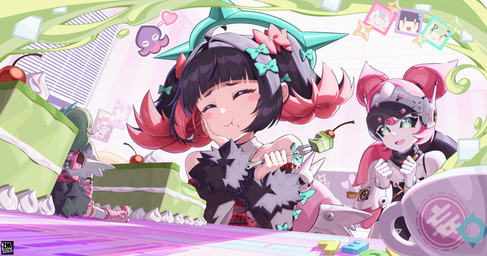 accessory arm_warmers armwear backpack bare_shoulders black_hair blush bow_(feature) cake cherry clothing container cup cutlery dessert eyes_closed female food food_on_face footwear fork fruit fur_skirt green_eyes green_hair hair hair_accessory halo hand_on_own_face happy heart_symbol kitchen_utensils legwear machine necktie open_mouth pattern_arm_warmers pattern_armwear pattern_clothing pattern_footwear pattern_legwear pattern_socks pink_hair plant short_hair sitting size_difference socks striped_arm_warmers striped_armwear striped_clothing striped_footwear striped_socks stripes tools wings zm-w mihoyo zenless_zone_zero aria_(zenless_zone_zero) nangong_yu_(zenless_zone_zero) sunna_(zenless_zone_zero) angel angel_humanoid aquatic cephalopod coleoid humanoid mollusk octopodiform octopus robot thiren absurd_res hi_res
