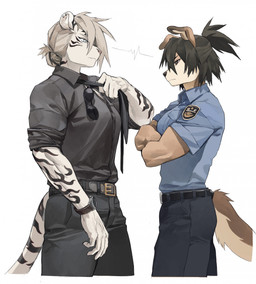 accessory anthro biped black_body black_clothing black_fur black_hair black_shirt black_topwear blue_clothing blue_shirt blue_topwear bottomwear breasts clock clothed clothing duo eye_contact eyewear female fur hair looking_at_another multicolored_body multicolored_fur muscular muscular_anthro muscular_female necktie pants police police_uniform shirt striped_body striped_fur stripes sunglasses tan_body tan_fur topwear two_tone_body two_tone_fur uniform watch white_body white_fur white_hair wristwatch telson canid canine canis domestic_dog felid mammal pantherine tiger 2023 digital_media_(artwork) hi_res gynomorph_(lore)