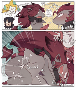 all_fours ambiguous_penetration animal_genitalia animal_penis anthro anthro_on_anthro anthro_penetrated anthro_penetrating anthro_penetrating_anthro anvil_position biped black_body black_fur bodily_fluids canine_genitalia canine_penis cervical_contact cum cum_in_uterus cum_in_vagina cum_inside dialogue drooling duo erection eye_roll female female_anthro female_penetrated from_front_position fucked_silly fur genital_fluids genitals glistening glistening_genitalia glistening_knot glistening_penis grey_body grey_fur impregnation internal internal_vaginal knot legs_up looking_pleasured lying male male/female male_anthro male_penetrating male_penetrating_female mating_press nude on_back ovum ovum_with_heart penetration penile penile_penetration penis penis_in_vagina plap pokemon_transformation poof_transformation red_body red_fur saliva sex side_view species_transformation sperm_cell spread_legs spreading standing teeth transformation uterus vaginal vaginal_penetration svkhaiminh nintendo pokemon generation_3_pokemon generation_5_pokemon human jirachi legendary_pokemon mammal pokemon_(species) zoroark comic hi_res