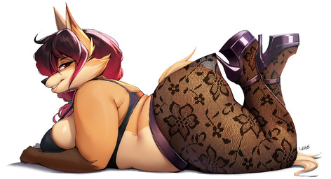 anthro big_breasts big_butt breasts butt clothing female footwear high_heels huge_breasts legwear lingerie mature_female overweight shoes slightly_chubby solo tail tights viejillox hooked_on_heel_(trend) angelica_fox canid canine fox mammal absurd_res hi_res