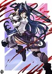 belt biped blood blue_hair bodily_fluids boots chainsaw clothing female footwear gloves hair handwear holding_object holding_weapon long_hair looking_aside on_one_leg power_tool shoes simple_background smile solo standing tools weapon scruffyturtles arknights hypergryph studio_montagne blaze_(arknights) animal_humanoid felid felid_humanoid humanoid mammal mammal_humanoid 2020 hi_res