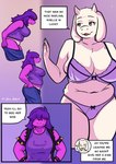 5_fingers anthro anthro_on_anthro armband big_breasts biped blue_bottomwear blue_clothing blue_pants blush bottomwear bra breasts clothed clothed_anthro clothed_female clothing dialogue dressing duo female female/female fingers freckles front_view fur hair hair_over_eyes heart_symbol horn huge_breasts humanoid_hands interspecies long_hair multiple_poses navel non-mammal_breasts open_mouth panties pants pose purple_body purple_bra purple_clothing purple_hair purple_panties purple_scales purple_underwear scales side_view simple_background skimpy slightly_chubby slightly_chubby_anthro slightly_chubby_female smile speech_bubble spiked_armband spiked_wristband spikes talking_to_another text underwear white_body white_clothing white_eyes white_fur white_panties white_underwear shen_hokori deltarune undertale_(series) susie_(deltarune) toriel bovid caprine goat mammal reptile scalie absurd_res artist_name colored comic english_text hi_res