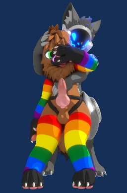 animal_genitalia animal_penis anthro arm_warmers armwear blep blush bodily_fluids canine_genitalia canine_penis clothing covering covering_face duo erection femboy genital_fluids genitals harness leg_warmers legwear machine male male/male one_eye_obstructed penis precum simple_background tongue tongue_out transparent_background randomfur1 bestboi protogen 3d_(artwork) absurd_res alpha_channel digital_media_(artwork) hi_res