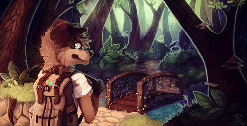 4_fingers ambiguous_gender anthro backpack biped black_nose blue_eyes bridge brown_body brown_fur brown_hair cheek_tuft clothed clothing detailed_background eyebrows facial_tuft fingers fog forest fully_clothed fur gloves_(marking) hair leaf looking_at_viewer looking_back markings neck_tuft outside plant river shirt short_hair smile solo standing topwear tree tuft water flemaly aurin_rei_(flemaly) border_collie canid canine canis collie domestic_dog herding_dog mammal pastoral_dog sheepdog 2016 absurd_res hi_res signature