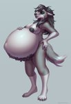 anthro belly big_belly big_pubes body_hair fangs female fur gloves_(marking) green_eyes grey_background grey_body grey_fur grey_hair grey_nipples grey_pubes hair happy_trail huge_belly hyper hyper_pregnancy leg_markings long_hair markings nipples nude open_mouth pregnant pregnant_anthro pregnant_female pubes simple_background socks_(marking) solo standing teeth white_body white_fur admiralobster selina_baker canid mammal full-length_portrait hi_res portrait