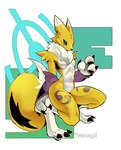 3_toes anthro black_sclera breasts crouching digitigrade feet female fur fur_markings leg_markings looking_at_viewer markings purple_markings simple_background solo thigh_markings toes tomoe_(symbol) yellow_body yellow_fur tsanapi bandai_namco digimon canid digimon_(species) mammal renamon digital_media_(artwork) hi_res