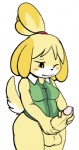 aintsmart animal_crossing anthro balls black_nose blush breasts canid canine canis clothing domestic_dog erection fur genitals gynomorph humanoid_genitalia humanoid_penis intersex isabelle_(animal_crossing) low_res mammal masturbation nintendo one_eye_closed penile penile_masturbation penis shih_tzu simple_background solo teeth thick_penis toy_dog white_body white_fur yellow_body yellow_fur