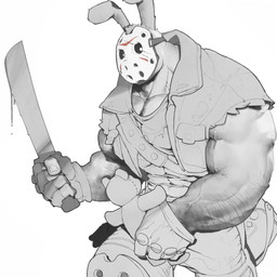 abs anthro arm_hair barazoku biceps body_hair bottomwear clothing fingerless_gloves forearm_muscles gloves handwear hockey_mask holding_object holding_plushie knee_pads long_ears male mask muscular muscular_anthro muscular_male pants pecs plushie rabbit_ears shirt slasher sleeveless_jacket solo sports_mask sportswear topwear torn_jacket uleezoo lagomorph leporid mammal rabbit 1:1 2019 monochrome unfinished