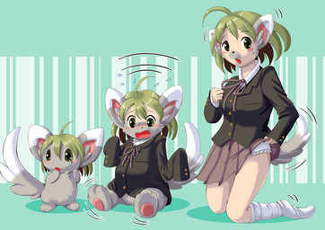 anthro barcode barefoot blonde_hair bodily_fluids breasts clothing dipstick_tail feet female footwear green_hair group growth hair human_to_feral legwear markings necktie panties semi-anthro shrinking size_transformation socks species_transformation tail tail_growth tail_markings tears transformation underwear edmol nintendo pokemon generation_5_pokemon minccino pokemon_(species) 2010