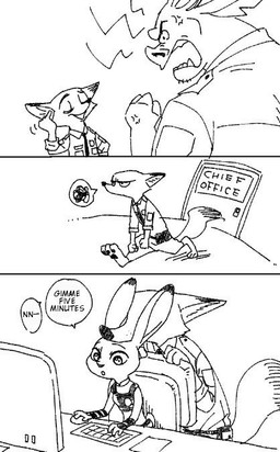 anthro biped dialogue dipstick_ears ear_markings electronics female keyboard male monitor multicolored_ears sitting solo text upset walking bibio disney zootopia chief_bogo judy_hopps nick_wilde bovid bovine canid canine cape_buffalo fox lagomorph leporid mammal rabbit red_fox true_fox black_and_white comic english_text monochrome