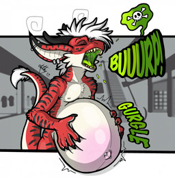 anthro barbell_piercing belly belly_blush belly_squish black_ear_tips black_stripes blush bodily_fluids body_blush burping cartoon_freckles clothed clothing dipstick_ears ear_markings ear_piercing ear_ring facial_tuft freckled_face freckles fur green_mouth green_tongue gurgle_(sound_effect) hair hand_on_own_belly industrial_piercing male markings mohawk motion_lines multicolored_ears navel navel_barbell navel_piercing nipple_barbell nipple_dip nipple_piercing nipples onomatopoeia open_mouth oral_vore outie_navel piercing red_body red_fur ring_piercing rumbling_stomach saliva saliva_string skull_and_crossbones skull_symbol solo sound_effects squish stripes tail tail_tuft tan_body tan_fur text tongue topless topless_anthro topless_male tuft uvula ventral_groove vore white_hair white_tail_tuft dathgar mythology dathy_(dathgar) dragon hybrid kobold mythological_creature mythological_scalie scalie 2025 digital_drawing_(artwork) digital_media_(artwork) english_description hi_res