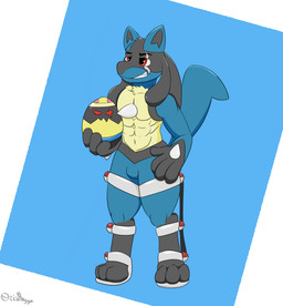 anthro disability egg leg_braces male proud smile solo conditional_dnp ori-doggo nintendo pokemon generation_4_pokemon lucario pokemon_(species) absurd_res hi_res