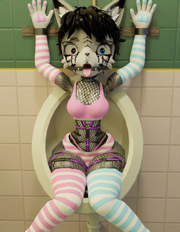 ambiguous_gender anthro arm_warmers armwear bdsm bodily_fluids bondage bound bra clothing cuff_(restraint) female femboy fishnet_clothing gag harness heterochromia legwear open_mouth panties restrained_arms restraints scared solo tears thigh_highs toilet toilet_slave underwear urinal firephenix rinal made_in_abyss léo felid feline mammal narehate 3d_(artwork) digital_media_(artwork) hi_res pastel_theme